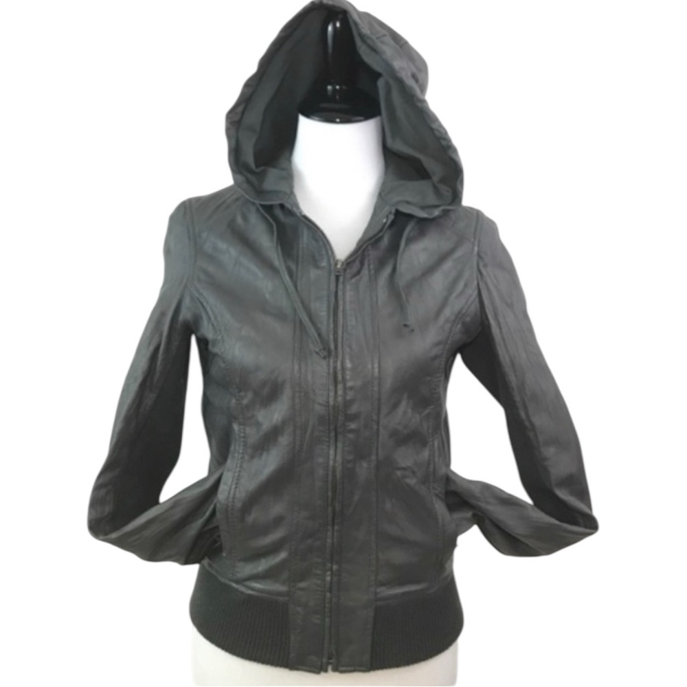 Aqua‎ Dark Gray Leather Hooded Bomber Jacket Zip Front, Buttery Soft Leather, M